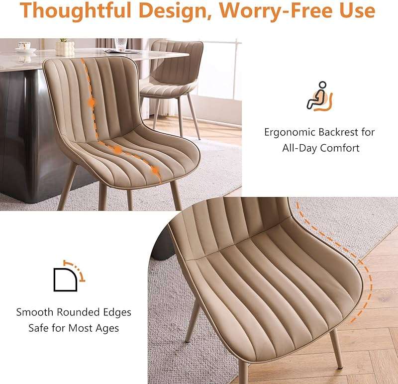 YOUNUOKE Mid-Century Modern Dining Chairs Set of 2, Khaki PU Leather Upholstered Kitchen Chairs with Khaki Metal Legs, Armless Accent Chair for Dining Room, Guest Reception Room - Image 6