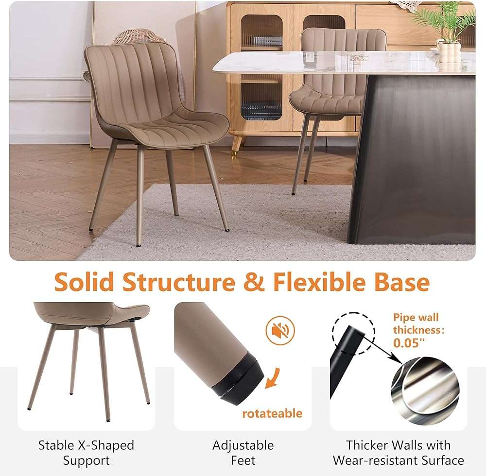 YOUNUOKE Mid-Century Modern Dining Chairs Set of 2, Khaki PU Leather Upholstered Kitchen Chairs with Khaki Metal Legs, Armless Accent Chair for Dining Room, Guest Reception Room - Image 7