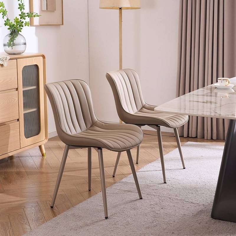 YOUNUOKE Mid-Century Modern Dining Chairs Set of 2, Khaki PU Leather Upholstered Kitchen Chairs with Khaki Metal Legs, Armless Accent Chair for Dining Room, Guest Reception Room - Image 9