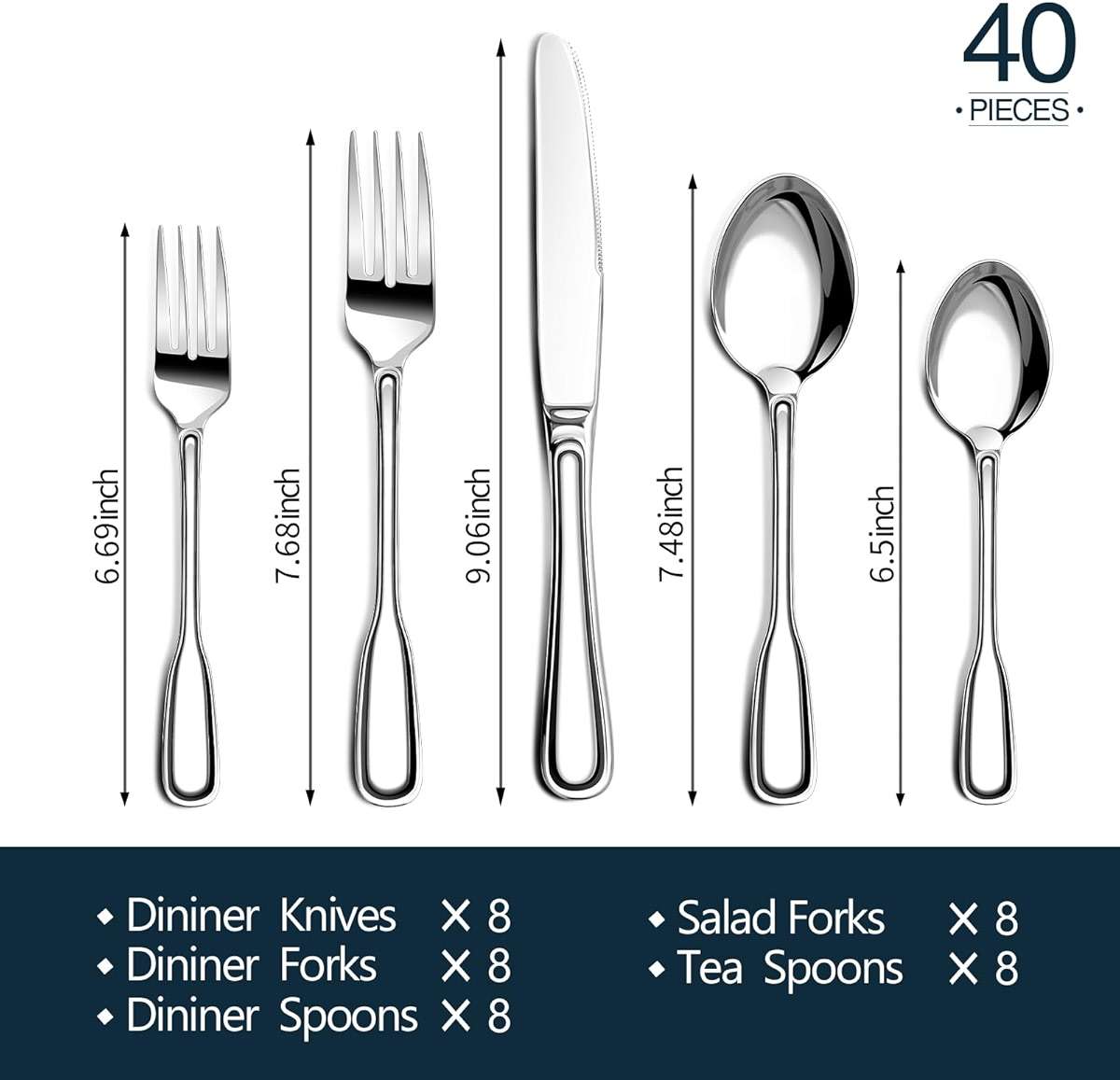 Silverware Set for 8, 40 Piece Boston Style Stainless Steel Flatware Set with Wide Handles - Mirror Polished Cutlery Set, Heavy Duty Forks Spoons Knives,Dishwasher Safe - Image 3