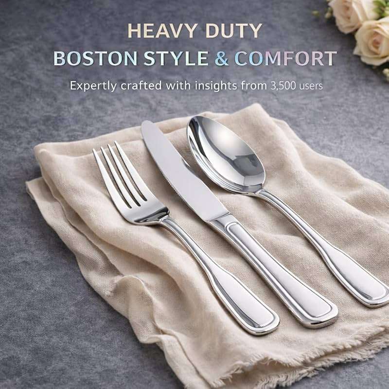 Silverware Set for 8, 40 Piece Boston Style Stainless Steel Flatware Set with Wide Handles - Mirror Polished Cutlery Set, Heavy Duty Forks Spoons Knives,Dishwasher Safe - Image 5
