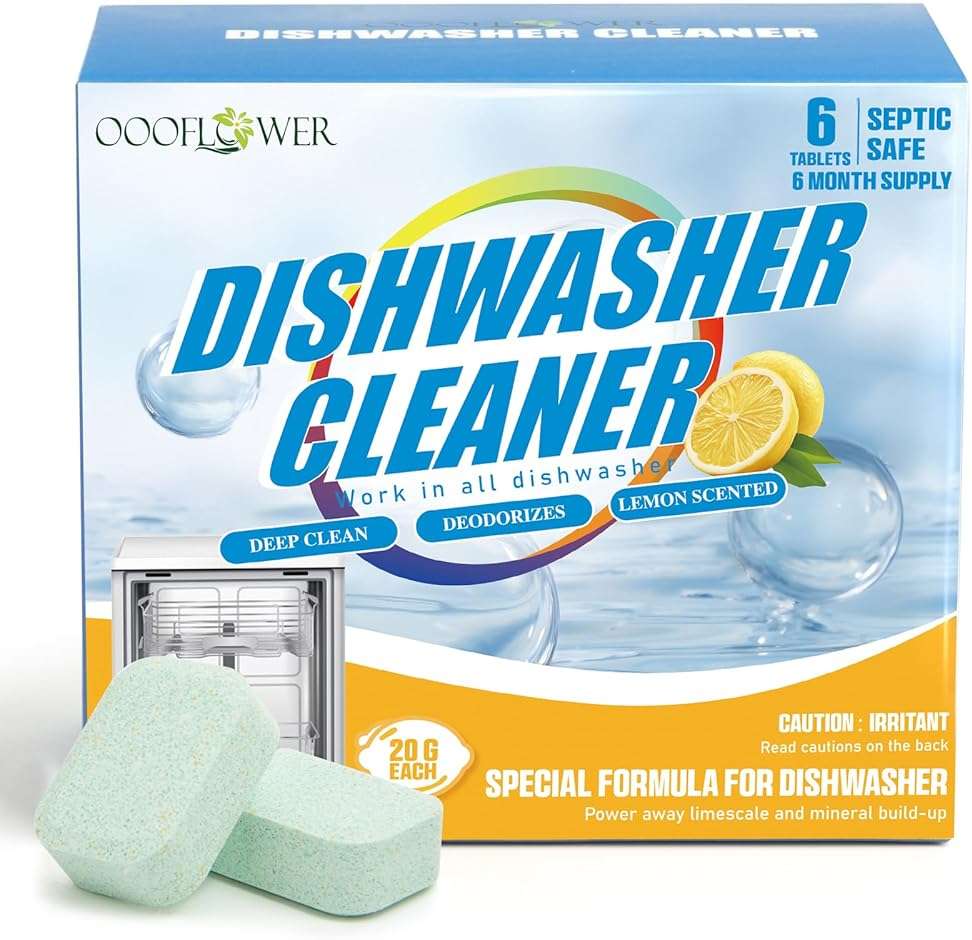 OOOFLOWER 6-Pack Dishwasher Detergent and Deodorizer Tablets, Deep Clean Formula, Dishwasher Safe, Removes Scale, Odors, and Hard Water Residue (Lemon Scent) - Image 1