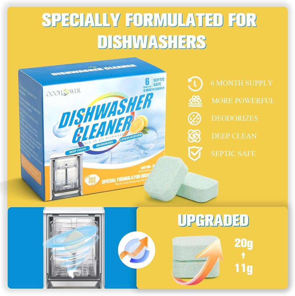 OOOFLOWER 6-Pack Dishwasher Detergent and Deodorizer Tablets, Deep Clean Formula, Dishwasher Safe, Removes Scale, Odors, and Hard Water Residue (Lemon Scent) - Image 2