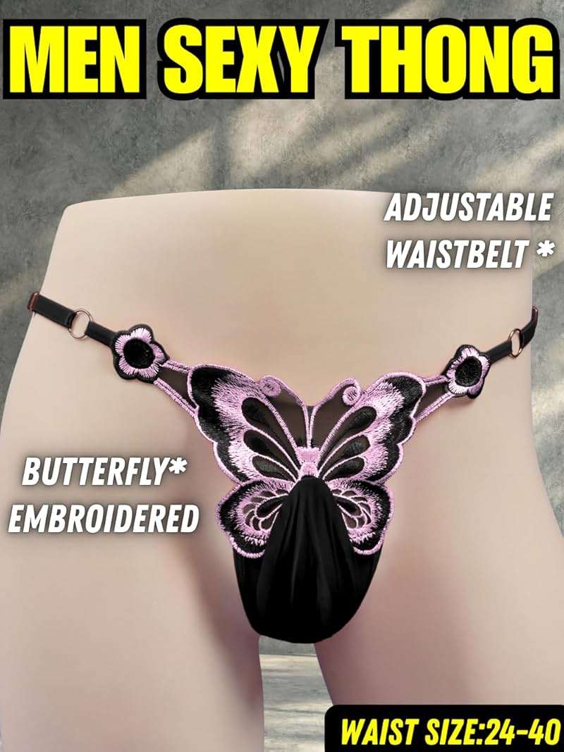 ChiaoLezhee Mens Sexy Butterfly Thong Lingerie, Sissy Girly Femboy Panties, Flower Sheer Mesh, Low Rise G-String Underwear - Image 2