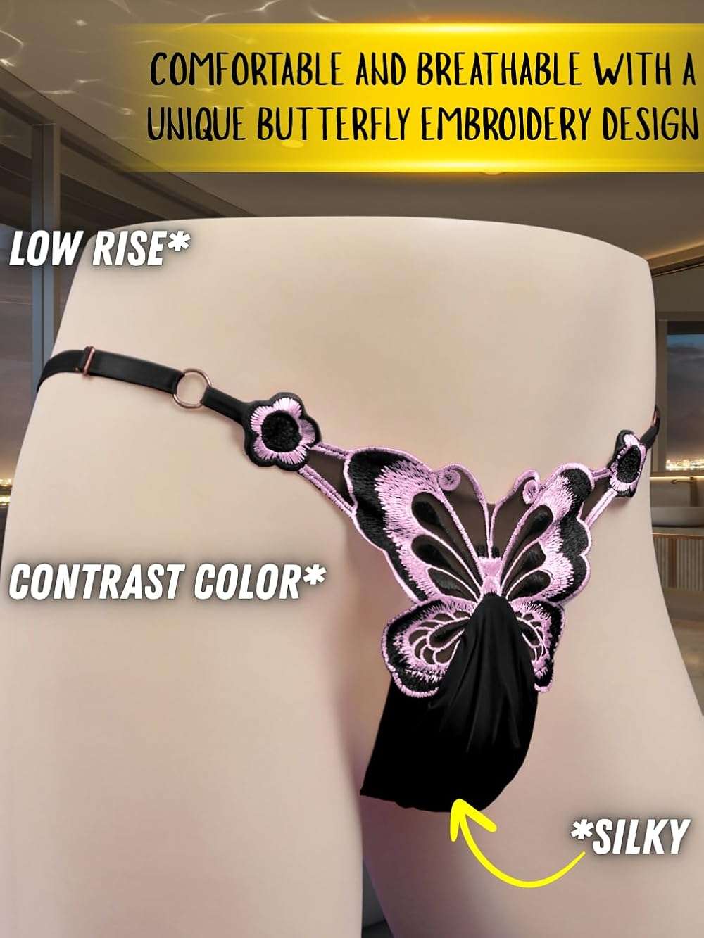 ChiaoLezhee Mens Sexy Butterfly Thong Lingerie, Sissy Girly Femboy Panties, Flower Sheer Mesh, Low Rise G-String Underwear - Image 4