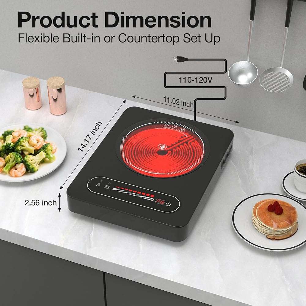 ANHANE 1800W Electric Cooktop, 11 Inch Portable Single Burner with Timer & Child Lock - 110-120V Compact Countertop Stove for Everyday Cooking in Kitchen, Dorm, RV or Office - Image 2