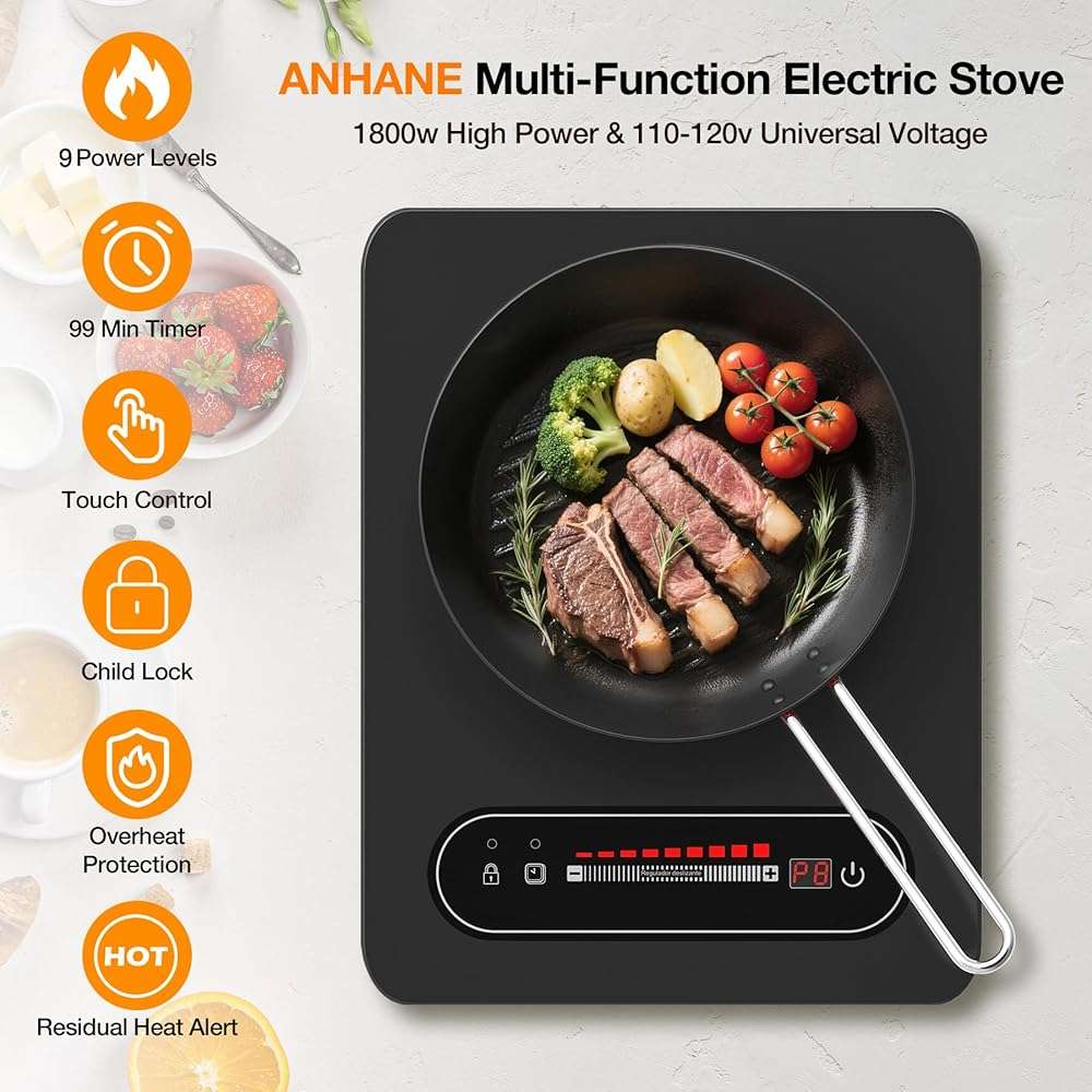 ANHANE 1800W Electric Cooktop, 11 Inch Portable Single Burner with Timer & Child Lock - 110-120V Compact Countertop Stove for Everyday Cooking in Kitchen, Dorm, RV or Office - Image 3