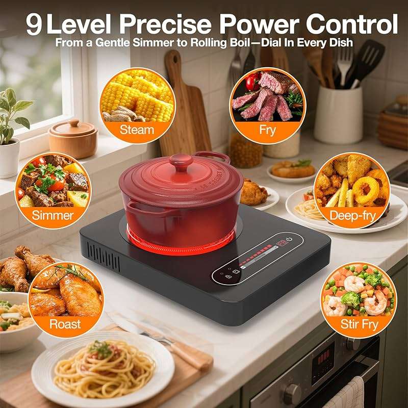 ANHANE 1800W Electric Cooktop, 11 Inch Portable Single Burner with Timer & Child Lock - 110-120V Compact Countertop Stove for Everyday Cooking in Kitchen, Dorm, RV or Office - Image 4