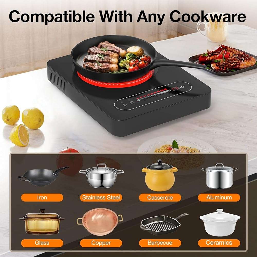 ANHANE 1800W Electric Cooktop, 11 Inch Portable Single Burner with Timer & Child Lock - 110-120V Compact Countertop Stove for Everyday Cooking in Kitchen, Dorm, RV or Office - Image 5