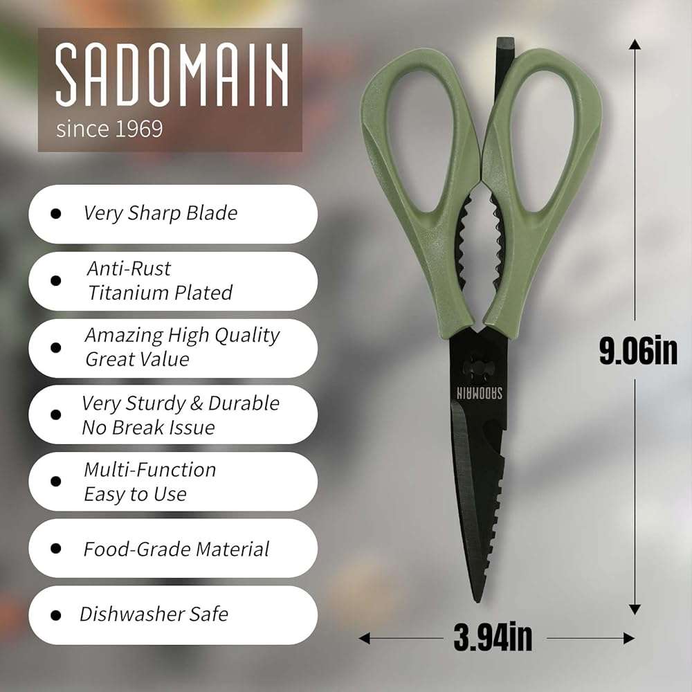 SADOMAIN Kitchen Scissors All Purpose, Extra Sharp Kitchen Shears with Knife Sharpener & Sheath, Solid & Durable Stainless Steel Scissors with ANTI-RUST Black Titanium Plated, Dishwasher Safe - Green - Image 3