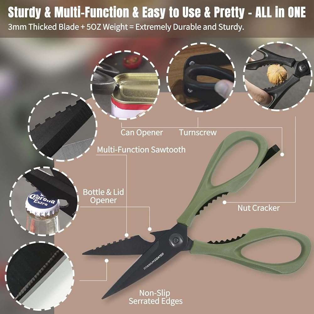 SADOMAIN Kitchen Scissors All Purpose, Extra Sharp Kitchen Shears with Knife Sharpener & Sheath, Solid & Durable Stainless Steel Scissors with ANTI-RUST Black Titanium Plated, Dishwasher Safe - Green - Image 6