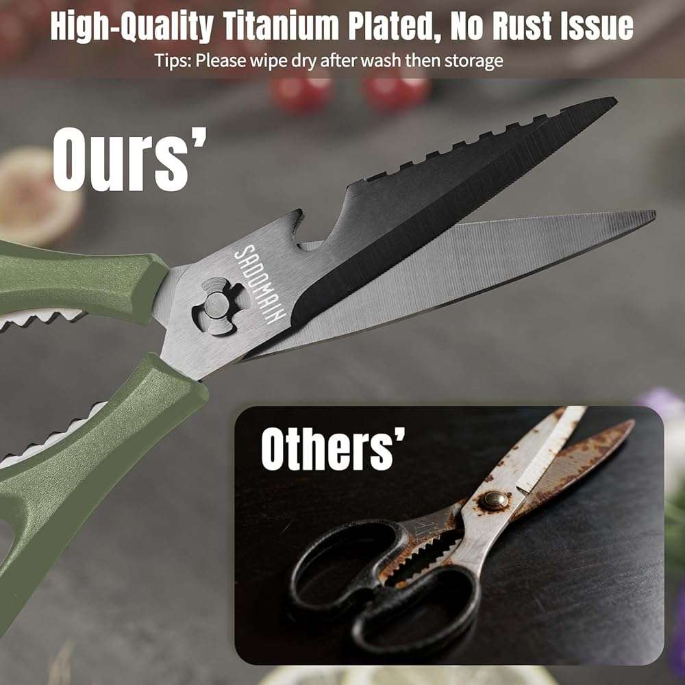 SADOMAIN Kitchen Scissors All Purpose, Extra Sharp Kitchen Shears with Knife Sharpener & Sheath, Solid & Durable Stainless Steel Scissors with ANTI-RUST Black Titanium Plated, Dishwasher Safe - Green - Image 8