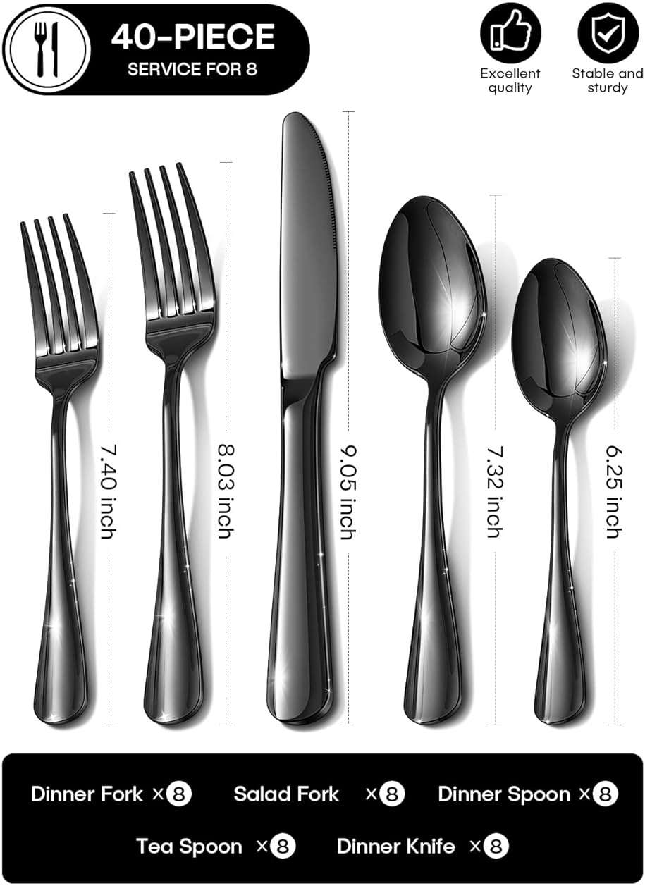 Black Silverware Set, 40 Piece Food-Grade Stainless Steel Flatware Set for 8 Include Spoons Knives and Forks Mirror Polished Rust-proof Modern Design Dishwasher Safe - Image 3
