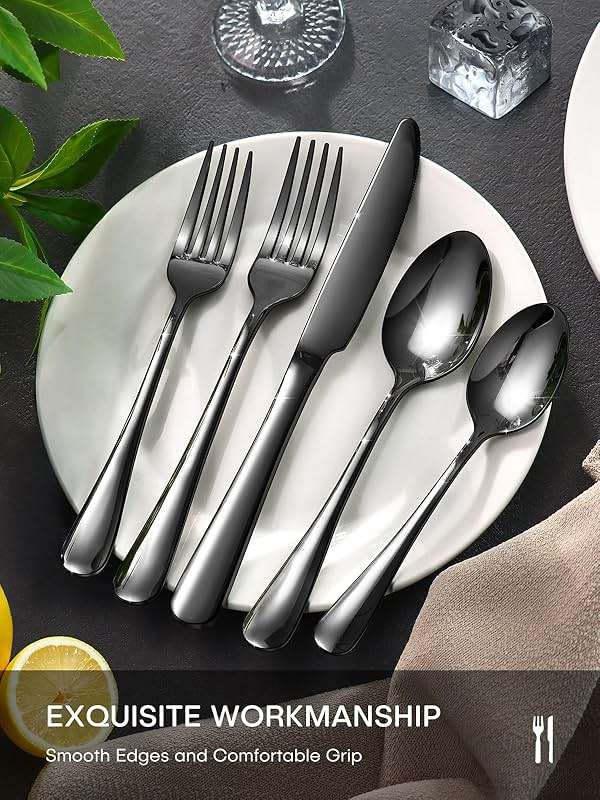 Black Silverware Set, 40 Piece Food-Grade Stainless Steel Flatware Set for 8 Include Spoons Knives and Forks Mirror Polished Rust-proof Modern Design Dishwasher Safe - Image 8
