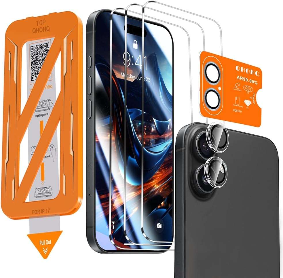 QHOHQ [1-Second Auto-Install] 3 Pack Screen Protector for iPhone 17 + 1 Set Camera Lens Protector, 9H+ Shatterproof Tempered Glass, [12FT Military Grade Protection], Anti-Fingerprint, Case Friendly - Image 1