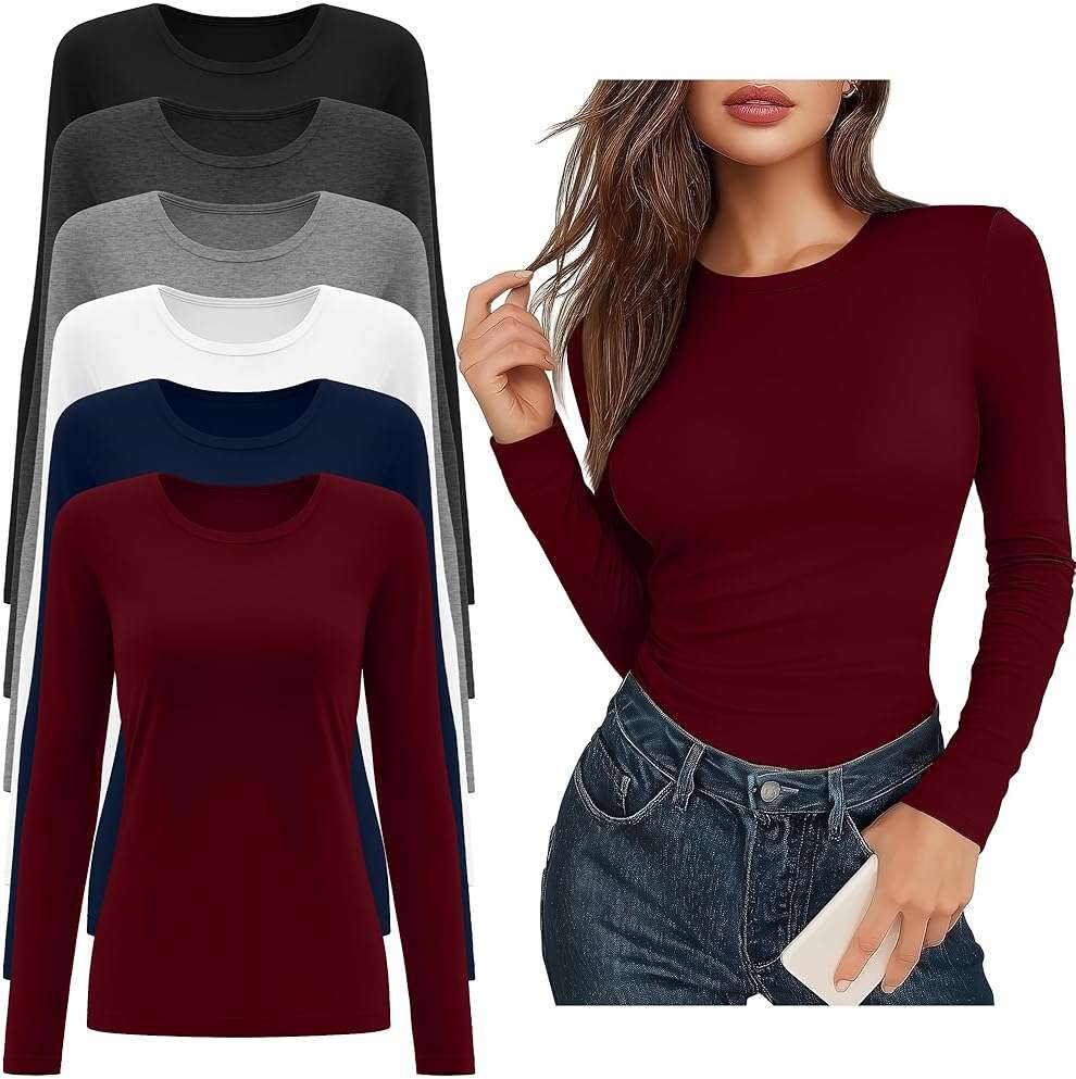 Riyiper 6 Pack Women's Long Sleeve Shirts Basic Slim Fitted Tops Casual Crew Neck Tight Tee Tops 2026 Layering T-Shirt - Image 1