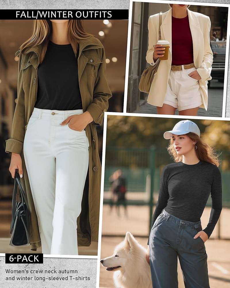 Riyiper 6 Pack Women's Long Sleeve Shirts Basic Slim Fitted Tops Casual Crew Neck Tight Tee Tops 2026 Layering T-Shirt - Image 2