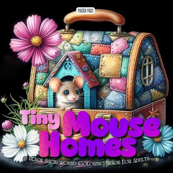 Tiny Mouse Homes Coloring Book: A Whimsical Grayscale Coloring Book for Adults Featuring Adorable Mice Living in Acorns, Teapots, and Forest Hideouts on a Black Background - Image 1