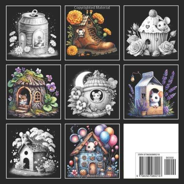 Tiny Mouse Homes Coloring Book: A Whimsical Grayscale Coloring Book for Adults Featuring Adorable Mice Living in Acorns, Teapots, and Forest Hideouts on a Black Background - Image 2