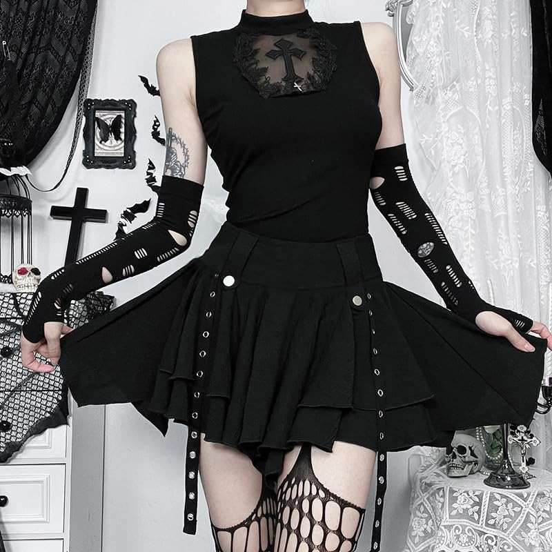 Sunidol Women's Y2K Gothic Punk Skirt High Waist Plaid Pleated Skorts Ruffles Fairy Grunge A-Line Skater Skirts - Image 3