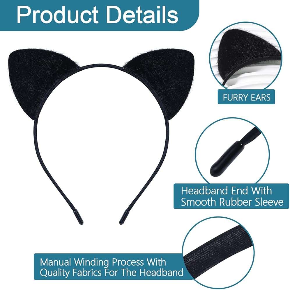 QXDBNXQ Furry Cat Ears Headband Women, Black Kitty Ear Cat Accessories for Halloween Cat Woman Costume Outfit - Image 3