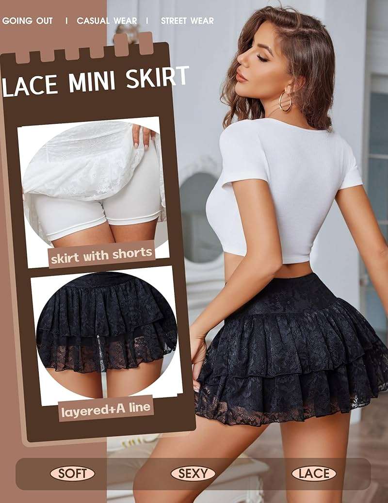 Avidlove Women's Y2k Lace Layered Mini Skirt High Waist Ruffle Skirt Skort Boho Outfits Micro Shorts Skirts - Image 4