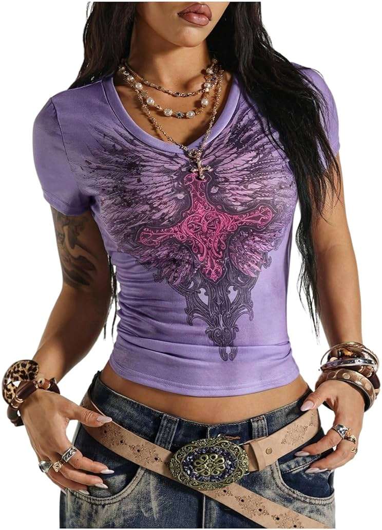 SOLY HUX Women's Y2k Gothic Graphic Tees V Neck Short Sleeve T Shirt Streetwear Summer Tops - Image 1