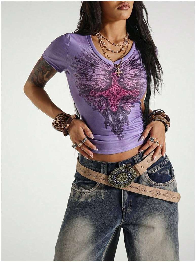 SOLY HUX Women's Y2k Gothic Graphic Tees V Neck Short Sleeve T Shirt Streetwear Summer Tops - Image 3