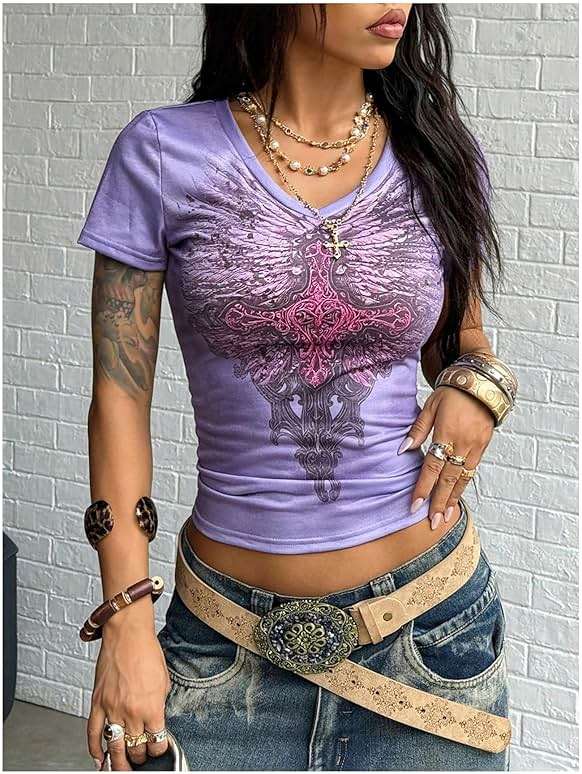 SOLY HUX Women's Y2k Gothic Graphic Tees V Neck Short Sleeve T Shirt Streetwear Summer Tops - Image 4