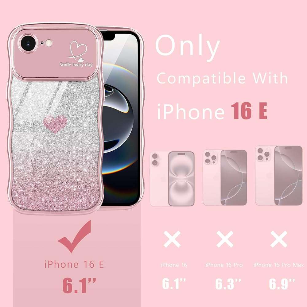 Teageo for iPhone 16e Case & for iPhone 17e Case for Women Girls Cute Curly Wavy Frame Love Heart Glitter Camera Protection Sparkly Shockproof Wave Phone Case for iPhone 16e & for iPhone 17e,Rose gold - Image 2