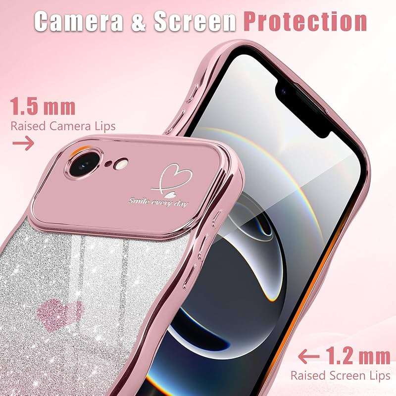 Teageo for iPhone 16e Case & for iPhone 17e Case for Women Girls Cute Curly Wavy Frame Love Heart Glitter Camera Protection Sparkly Shockproof Wave Phone Case for iPhone 16e & for iPhone 17e,Rose gold - Image 3