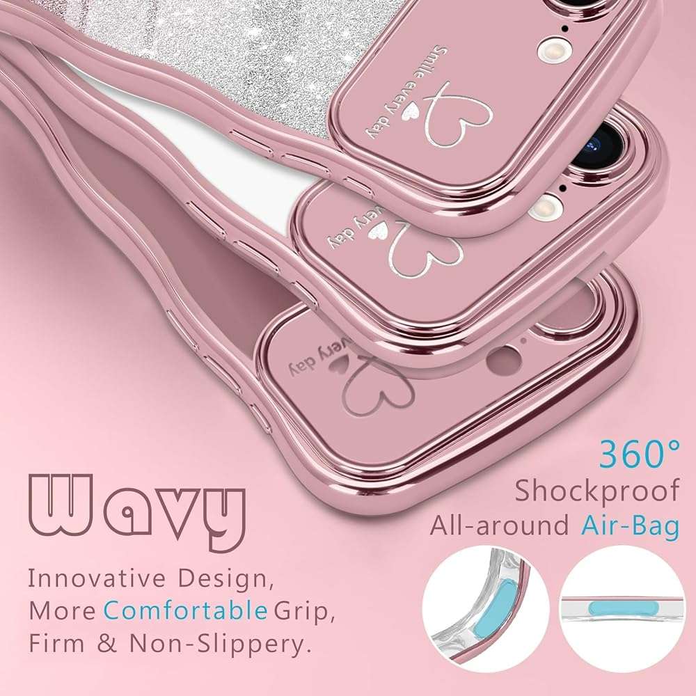 Teageo for iPhone 16e Case & for iPhone 17e Case for Women Girls Cute Curly Wavy Frame Love Heart Glitter Camera Protection Sparkly Shockproof Wave Phone Case for iPhone 16e & for iPhone 17e,Rose gold - Image 4
