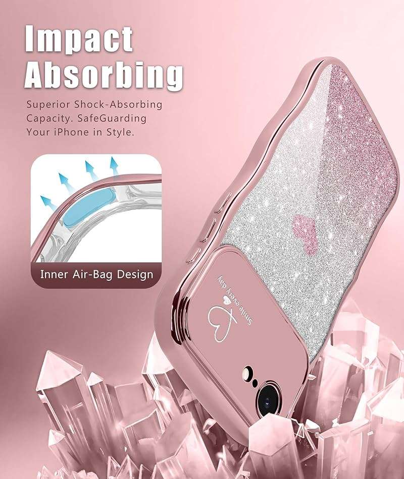 Teageo for iPhone 16e Case & for iPhone 17e Case for Women Girls Cute Curly Wavy Frame Love Heart Glitter Camera Protection Sparkly Shockproof Wave Phone Case for iPhone 16e & for iPhone 17e,Rose gold - Image 5