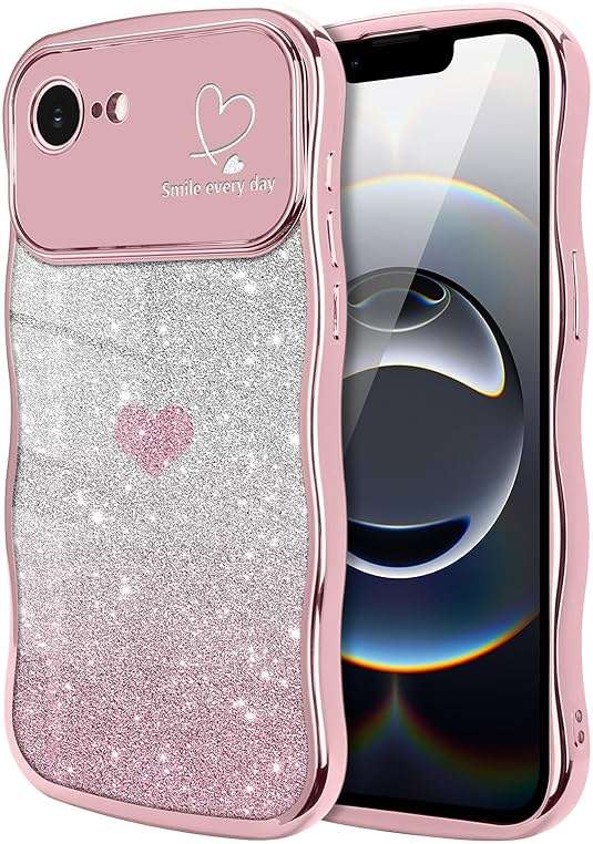 Teageo for iPhone 16e Case & for iPhone 17e Case for Women Girls Cute Curly Wavy Frame Love Heart Glitter Camera Protection Sparkly Shockproof Wave Phone Case for iPhone 16e & for iPhone 17e,Rose gold - Image 7