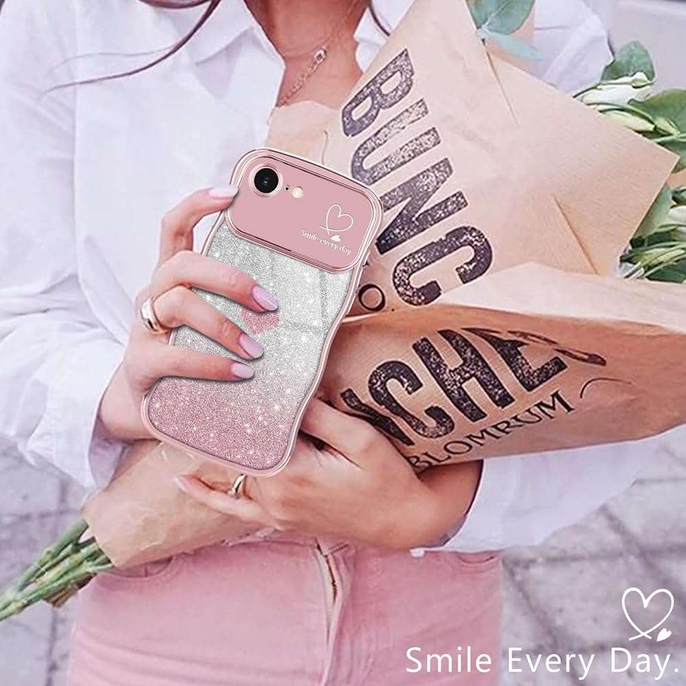 Teageo for iPhone 16e Case & for iPhone 17e Case for Women Girls Cute Curly Wavy Frame Love Heart Glitter Camera Protection Sparkly Shockproof Wave Phone Case for iPhone 16e & for iPhone 17e,Rose gold - Image 8