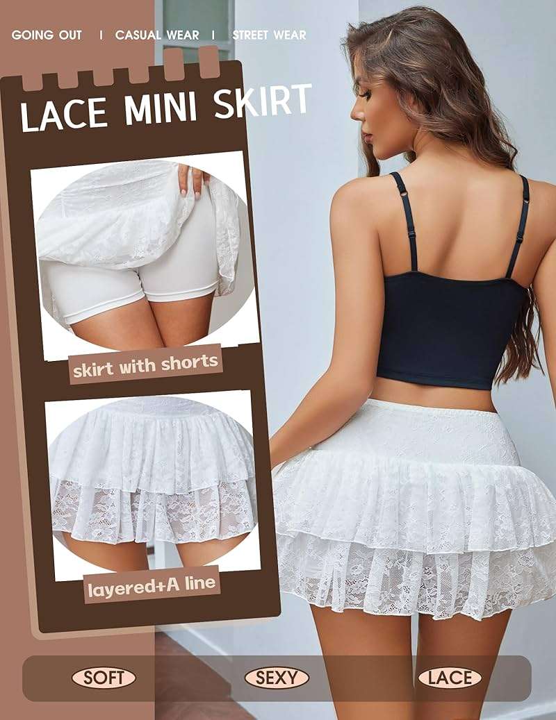 Avidlove Women's Y2k Lace Layered Mini Skirt High Waist Ruffle Skirt Skort Boho Outfits Micro Shorts Skirts - Image 4