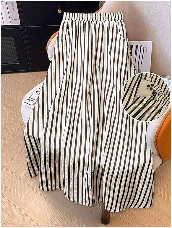 SHENHE Women's Striped Maxi Skirt High Waisted A Line Casual Flowy Long Skirt with Pockets - Image 2