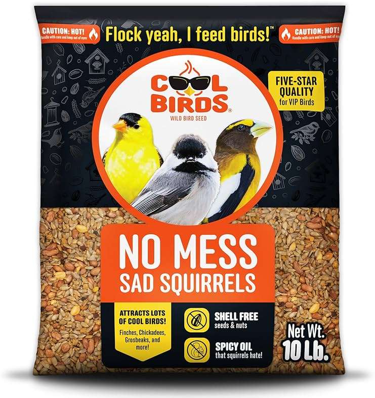Cool Birds No Mess Sad Squirrels Hot Bird Seed – 10 lb. Spicy Shell-Free Blend with Peanuts, Sunflower Hearts & Chili Pepper Oil – No Waste, Squirrel-Resistant Bird Food for Outside Feeders - Image 1