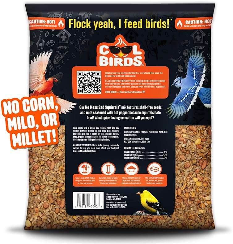 Cool Birds No Mess Sad Squirrels Hot Bird Seed – 10 lb. Spicy Shell-Free Blend with Peanuts, Sunflower Hearts & Chili Pepper Oil – No Waste, Squirrel-Resistant Bird Food for Outside Feeders - Image 2
