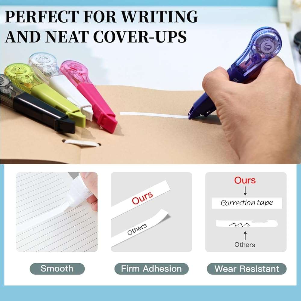 WISOPTUS 19.69ft Correction Tape Pen, 5-Count Pack, Dry Instantly, Stretch Resistant, not Easy to Break, as Smooth as Writing, Perfect for School, Office Supplies, Black White Red Yellow Blue - Image 3