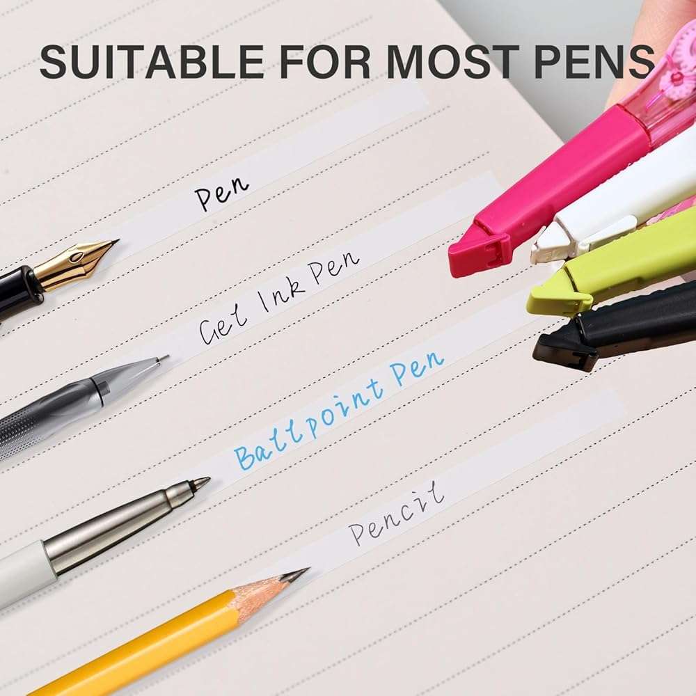 WISOPTUS 19.69ft Correction Tape Pen, 5-Count Pack, Dry Instantly, Stretch Resistant, not Easy to Break, as Smooth as Writing, Perfect for School, Office Supplies, Black White Red Yellow Blue - Image 5