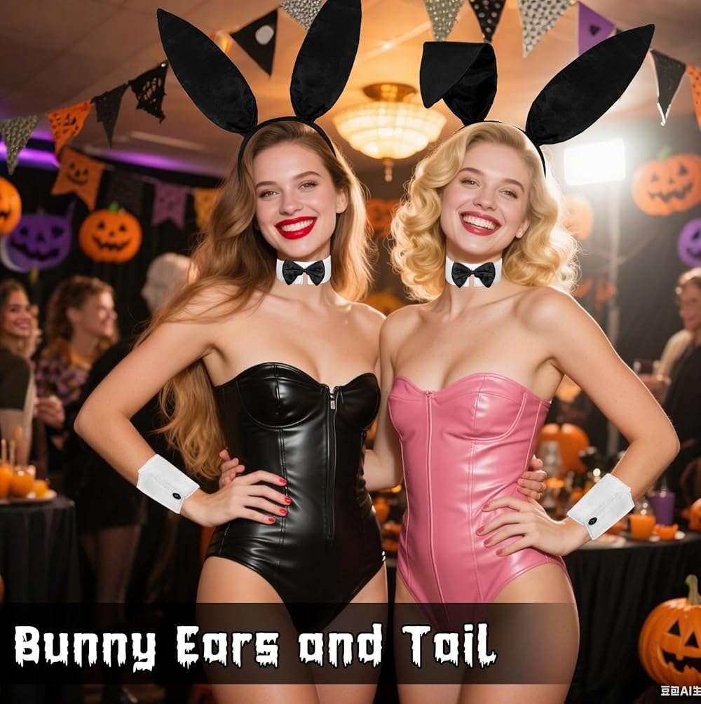 Voiiake Bunny Ears Headband, Bow Tie, Cuffs, and Tail - Bunny Costume Accessories for Women - Halloween Black Rabbit Ears for Party Outfit - Image 5