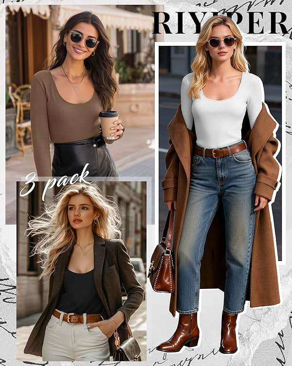 Riyiper 3 Pack Women's Scoop Neck Tops Long Sleeve Slim Fitted Shirts Casual Basic Tunic Fall Trendy Y2k Tight Tees - Image 2