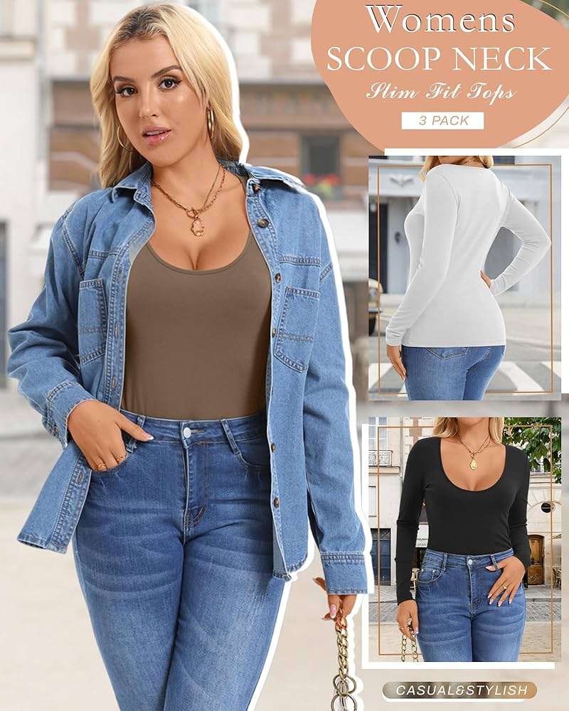 Riyiper 3 Pack Women's Scoop Neck Tops Long Sleeve Slim Fitted Shirts Casual Basic Tunic Fall Trendy Y2k Tight Tees - Image 5