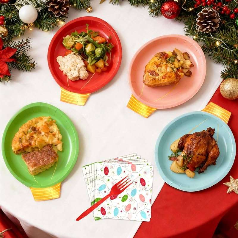 75Pcs Christmas Plates Dinnerware Set Disposable, Heavy Duty Christmas Paper Plates and Napkins with Plastic Forks Party Supplies Serve 25, Light Bulb Design Dinnerware Set for Holiday Home Xmas Party - Image 2
