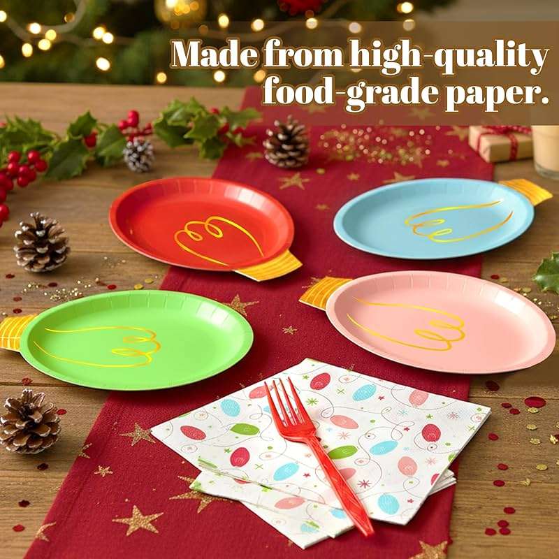 75Pcs Christmas Plates Dinnerware Set Disposable, Heavy Duty Christmas Paper Plates and Napkins with Plastic Forks Party Supplies Serve 25, Light Bulb Design Dinnerware Set for Holiday Home Xmas Party - Image 3