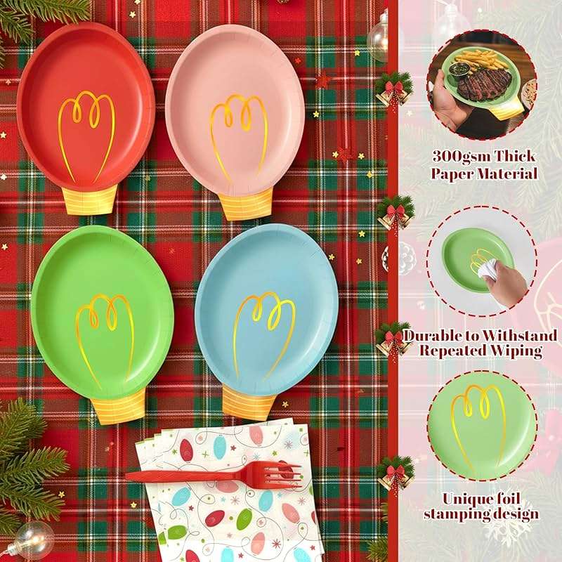 75Pcs Christmas Plates Dinnerware Set Disposable, Heavy Duty Christmas Paper Plates and Napkins with Plastic Forks Party Supplies Serve 25, Light Bulb Design Dinnerware Set for Holiday Home Xmas Party - Image 4