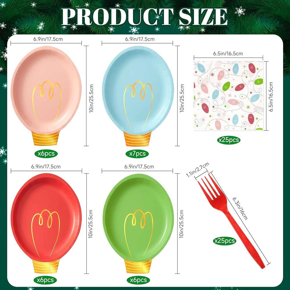 75Pcs Christmas Plates Dinnerware Set Disposable, Heavy Duty Christmas Paper Plates and Napkins with Plastic Forks Party Supplies Serve 25, Light Bulb Design Dinnerware Set for Holiday Home Xmas Party - Image 5