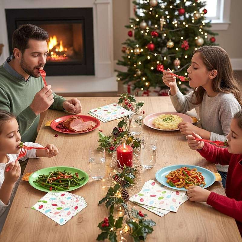 75Pcs Christmas Plates Dinnerware Set Disposable, Heavy Duty Christmas Paper Plates and Napkins with Plastic Forks Party Supplies Serve 25, Light Bulb Design Dinnerware Set for Holiday Home Xmas Party - Image 7