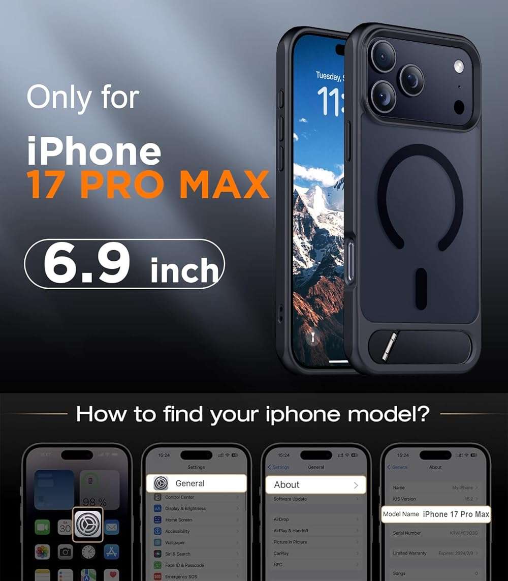 Temdan Designed for iPhone 17 Pro Max Case, [Built-in Invisible Kickstand][Compatible with MagSafe][Military Grade Shockproof] Slim Translucent Matte Phone Case for iPhone 17 Pro Max 6.9 inch (Black) - Image 2